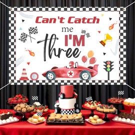 Kreatwow Vintage Race Car 3rd Birthday Decorations Can't Catch Me I'm 3 Backdrop Banner 4.92x3.28 ft Racing Themed 3rd Birthday Decoration Race Car Photo Background Racing Third Bday Decor Red