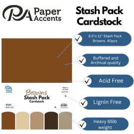 PA Paper Accents Stash Pack Cardstock Pack 8.5" x 11" Browns, colored cardstock paper for card making, scrapbooking, printing, quilling and crafts, 65lb., 40 pieces