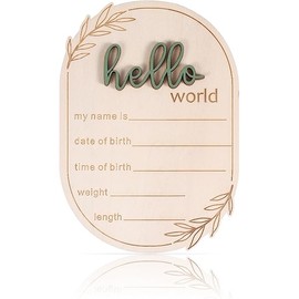 Baby Announcement Sign, 5.91x4.13 Inch Wooden Hello World Baby Name Sign Newborn Announcement Sign Birth Announcement Plaque for Home Hospital Nursery