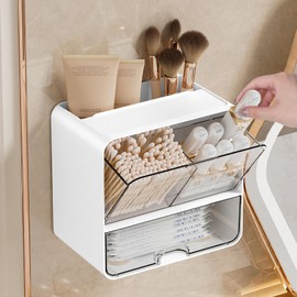 dayutech Acrylic Wall Mount Organizer, Wall Mounted Tampon and Pad Holder for Bathroom, No Drilling Feminine Hygiene Organizer with Lid and Drawer for Bathroom Cotton Swabs, Balls, Pads, Floss Picks