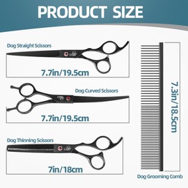 ETHYXE 7.0" Professional Dog Grooming Scissors Kit – 3-Piece Set with Straight, Curved & Thinning Shears, Black Japanese Stainless Steel, Includes Grooming Comb for Dogs & Cats