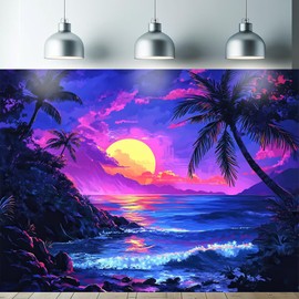 Starlit Patio Blacklight Tapestry UV Reactive Tropical Sunset Beach Hawaii Tapestry Glow in The Dark Wall Hanging Trippy Ocean Landscape Poster for Bedroom Living Room Dorm 78 x 59 Inches