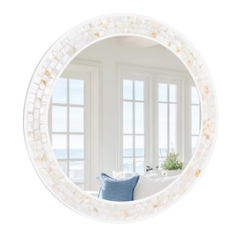 Tanmicoshomy 36 Inch Large Round Mirror, Natural Shell Inlay Framed Large Circle Mirrors with Shatterproof Glass for Bathroom Bedroom Living Room or Entryway (White)