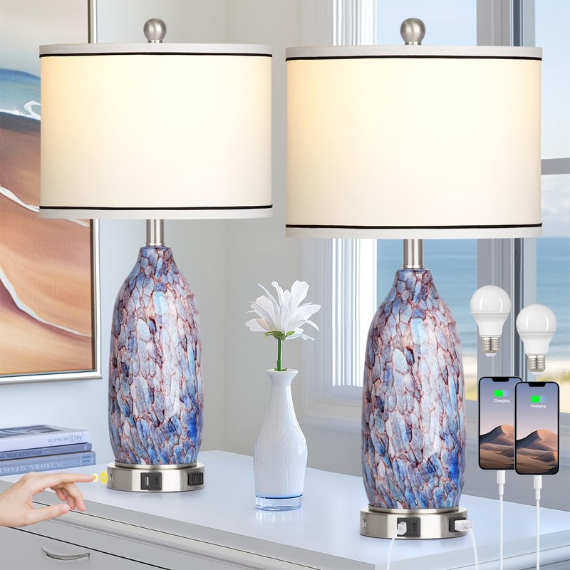 Coastal Lamps with USB A+C Ports & LED Night Light,