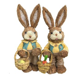 Straw Bunny Couple Cute Vintage Rabbit Ornament Handmade Straw Rabbit Figurine for Home Stage Store Decoration