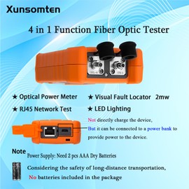 Xunsomten- 1pc Fiber Optic Tester 4 in 1 Function Portable Optical Power Meter (FC/SC/ST) & 2mw VFL Visual Fault Locator & LED Lighting & RJ45 Test OPM & VFL, Range: (-70) dBm ~ (+6) dBm