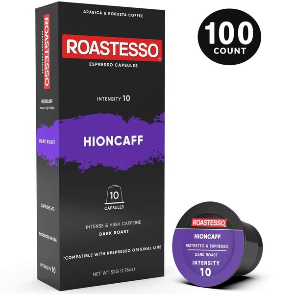 Roastesso Espresso Capsules, 80 Hioncaff Strong Caffeine Coffee Pods Compatible with Nespresso Original Line Machines, High Intensity 10, Ristretto Intenso Dark Roast Ristretto Blend