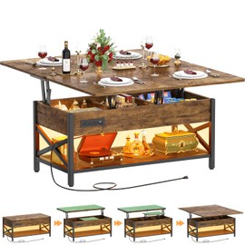 Aheaplus Coffee Table Lift Top Multi-Function Coffee Table Converts to Dining Table, with LED Light and Power Outlet, Center Table with Shelves for Living Room Reception Home Office, Black Oak