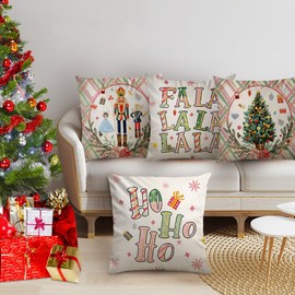 Pack of 4 Christmas Cushion Covers Square, Christmas Cushion Cover Jute, Cushion Cover Christmas Decoration Indoor, Christmas Decoration American Winter Cushion Nostalgia Sofa Bed Car Bedroom (B, 50 x