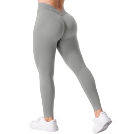 VOYJOY V-Back Scrunch Butt Workout Leggings Women Seamless Gym Yoga Leggings High Waist Active Yoga Pants, Light Grey, Large