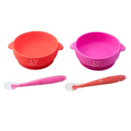 PAPU BABY Set de 2 Platos Hondos/Bowl/Tazón y 2 Cucharas de Silicón 100% grado alimenticion con base de succión Libre de BPA (Rojo/Rosa)