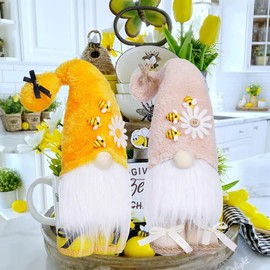 Caroanna Bumble Bee Gnomes Plush Elf Home Decor 2 Pack 10'' Yellow Honey Bee Gnomes Scandinavian Tomte Swedish Nisse for Spring Summer Home Tablettop Ornament Bee Festival Decorative Gifts