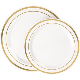 Disposable Plastic Plates - 60 Pack - 30 x 10.25" Dinner and 30 x 7.5" Salad Combo - Gold Trim Real China Design - Premium Heavy Duty - By Aya's Cutlery Kingdom