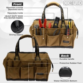 Coreflex 14inch Wide-Mouth Tool Bag, Multiple Purpose - for Plumbers, Electricians, Handymen also good for daily use, Office Use and camping. Premium Heavy Duty 900D Polyester Fabric (TAN)