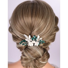 Rumtock White Flower with Pearl Beads Green Rhinestones Hair Comb for Wedding Brides Women Handmade Hair Accessories (Green)
