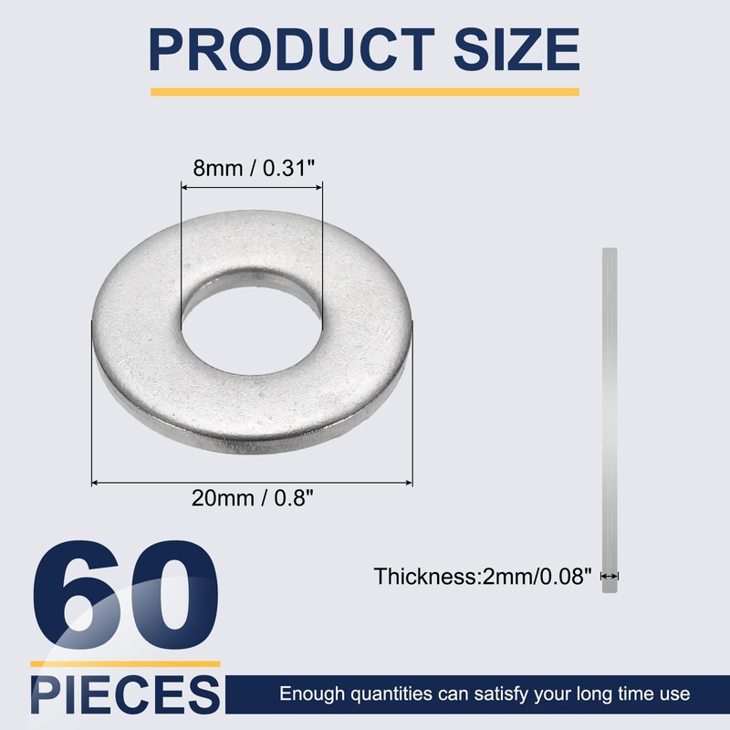 sourcing map M8 Flat Washer for Screw, 60Pcs Metal Washers