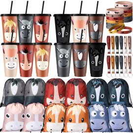 Mifoci 48 Pcs Horse Party Favors Horse Birthday Supplies Include Plastic Cups with Lids and Straws Rodeo Drawstring Bag Keychain and Rubber Wristbands Goodie Bags for Party Decorations