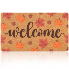 Fttoyoly Fall Pumpkin Door Mat for Front Door, Welcome Mat Outside Entrance with Red Maple Leaves, Fall Outdoor Porch Decor for Entryway or Indoor, 17" x 29.5"