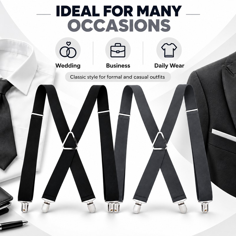 Adjustable 4-Clip Elastic X-Back Suspenders, 3.5 cm Wide Polyester Braces