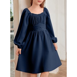 blibean Girls Dresses Solid Puff Long Sleeve Tween Kid Girl Flare Ruffle Wedding Outfits Elegant Semi Formal Party Modest Dress Tie Belted Dressy Zipper Clothes Size 6-7 Years Old Navy Blue
