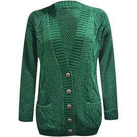 Purple Hanger New Womens Everyday Long Sleeve Button Top Ladies Chunky Aran Cable Knit Grandad Cardigan (12-14 ML, Bottle Green)