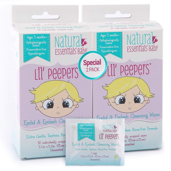 Natural Essentials Lil' Peepers Baby Eyelid & Eyelash Soft Cleansing Wipes, Rinse-Free, Pediatrician Recommended, 2 Pack (60 Count)