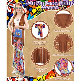 COYBTO 70s Fancy Dress Women, Hippie Costume with Fringe Vest Flared Pants Necklace Set, 60s 70s Disco Fancy Dress, 1970s Retro Hippie Outfit Hippy Clothes for Carnival Cosplay Party (2, L)