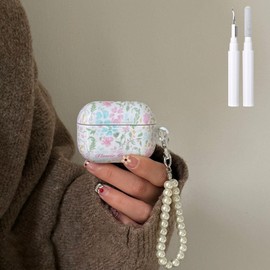 COTYPOFLIYTT Compatible with Airpods 4 Case Flowers Hard PC with Cleaner Kit Pearl Keychain Floral for Girls Women Protective for Airpods 4th Generation Cover-White Pink