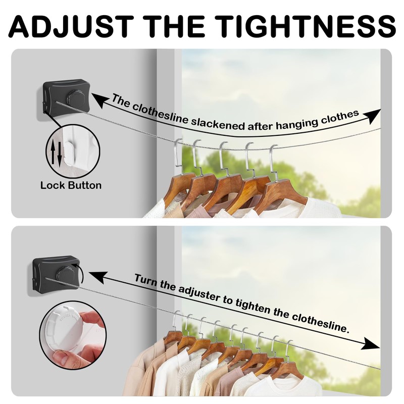 Retractable Clothesline - Heavy Duty 44lb 304 Stainless Lines,16.7ft Anti-Sag