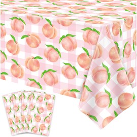 LWYGEGJO 4 Pcs Peach Tablecloth Pink Sweet One Peach Girl Summer Birthday Party Decoration 51 x 86 Pink Check Disposable Plastic Table Cloth Dining Room Kitchen Indoor Outdoor Décor