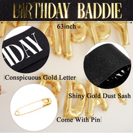 Birthday Sash for Women, Hapdoo 2pcs Black “Birthday Baddie” Sash with Gold Silver Foil for Birthday Girl, Happy Funny Decorations Baddie Accessories for Women Men Party Favors Supplies