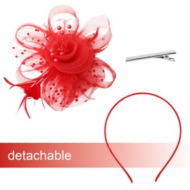 GWAWG Women's Fascinator Hat Flower with Red Veil Feathers Flowers Retro Fascinators Hat Flowers Mesh Headband Clip Headpiece for Party Wedding Prom Cocktail Carnival