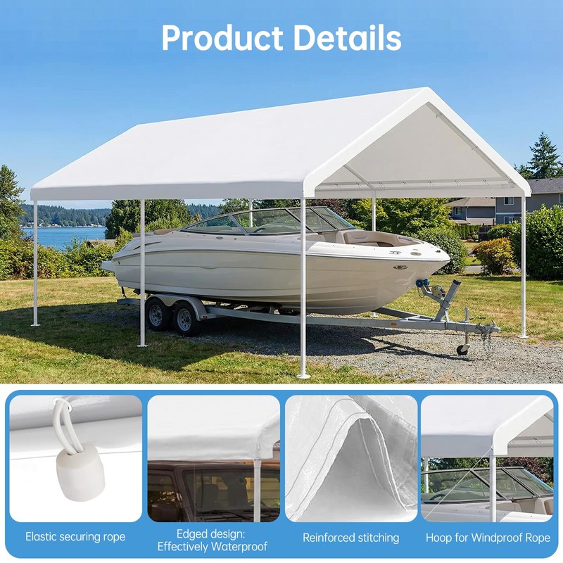 Birodeko Carport Canopy Replacement Cover, 180G Heavy-Duty PE Fabric Garage