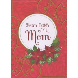 Designer Greetings Textured Gold Foil Swirls, Circular Banner and Poinsettias on Red Christmas Card for Mom from Both of Us