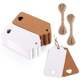 Aieino 100PCS Gift Tags with String for Presents - 4x9cm Kraft Paper Tags Blank Labels Hollow Heart Pattern Decorative Name Tags for Valentines Day, Birthday, Wedding, Party(Brown & White)
