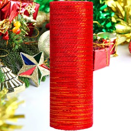 AOVNA 2 Rolls Poly Mesh Ribbon Rolls Metallic Foil Deco Poly Burlap Mesh Deco Mesh Rolls Wreath Making Ribbon for Christmas Holiday Crafts Bows Making (Red)