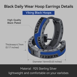 Viking Norse Earrings for Men Women 925 Sterling Silver Black Rune Hoop Earring Blue Viking Norse Jewelry Gifts
