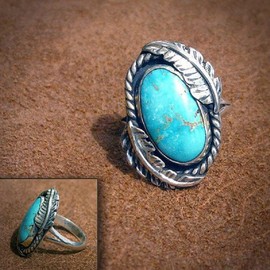 LRGKMCWTOB Vintage Turquoise Ring Sterling Silver Leaf Native Gem Ring for Women Boho Faux Dainty Classic Antique Natural Style Female Ring Princess Promise Statement Ring for Cocktail, Size 7, Silver