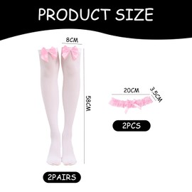 FDGGT 2 Pairs Pink Over the Knee Socks and 2 Pink Lace Leg Rings, Women's Bow Socks, Cute Women's Socks, Clothing Accessories, White