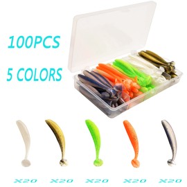 100PCS Bait Fishing Soft Plastic Lures, Soft Paddle Tail Lures for Freshwater and Saltwater Bass Lures with Box White red Green Gray Loach 2g,7cm (5 colors)