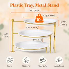 Lifewit Plastic 3 Tier Serving Tray Platter for Party Entertaining, 10" × 10" Large Dessert Table Display Set, White Reusable Round Dishes with Gold Metal Display Stand for Veggie, Fruit, Cookies