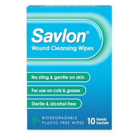 Savlon Wound Cleansing Wipes, Alcohol Free, Cleaning Wipes For Wounds, Pack of 10 Wipes, Gentle, For Cuts And Grazes, Sterile, Alcohol Free, Biodegradable Plastic Free Wipes