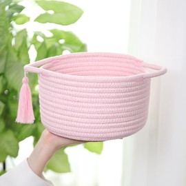 Empty Gift Basket - SweetMemo Mini Woven Rope Organizer Baskets for Baby Shower, Vanity, Makeup Brushes, Bathroom, Shelves, Desk - Small Decorative Storage Bins - Set of 2, Pre-Shaped, Blush Pink