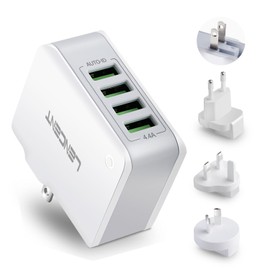 LENCENT Cargador USB, Ladron Enchufes con 4 Puertos USB, 4.4A 5V Adaptador para Viaje, Adaptador de Enchufe Universal UK/USA/EU/AUS para Phone, Celulares, Tabletas y Más
