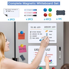 Magnetic Fridge Whiteboard Set: Dry Erase White Board (12X8"), Magnets ( Bonus), Markers & Erasers