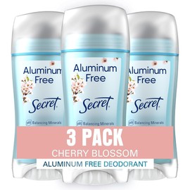 Secret Aluminum Free Deodorant for Women, 48hr Odor Protection, Free of Parabens Dyes Talc & Baking Soda, PH Balancing Minerals, Dry Solid, Cherry Blossom Scent, 2.4 oz (Pack Of 3)