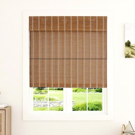 LUSTROWIN Cordless Bamboo Roman Shades with Valance, Light Filtering Pull Down Shades for Indoor Windows, Medium Brown, 20" W x 48" H