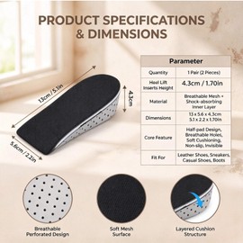 Breathable Memory Foam Height Increase Insole Invisible Increased Heel Lifting Inserts Shoe Lifts Shoe Pads Elevator Insoles for Men Women (1 Pair) (4.3cm height)