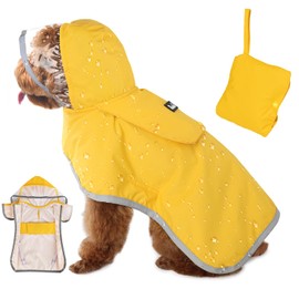 Eyein Waterproof Dog Raincoat, Raincoat for Small Dogs with Hood and Soft Lining, Adjustable Dog Rain Jacket with Reflective Stripes, Windproof and Lightweight, Yellow, XS