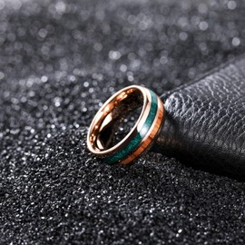 TRUMIUM 8mm Mens Wedding Band Real Malachite & Wood Inlay Tungsten Carbide Rings Rose Gold Engagement Band Beveled Edges Comfort Fit Size 10